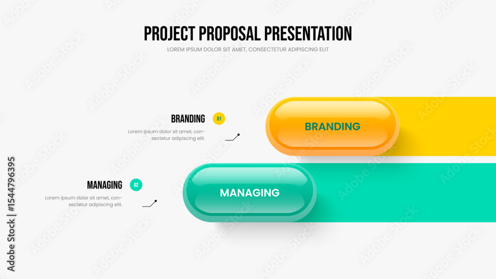Fototapeta premium Investor Briefing 2 Step Diagram Slide Template. Modern Showcase Frame Design Vector Illustration. Visual Portfolio Two Option Infographic Presentation Layout.