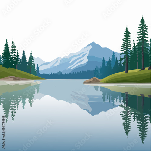 Serene mountain lake with pine tree reflections in the mist