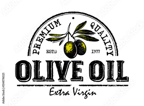 Hand drawn olive oil label with branch and text. Vintage logo for olive oil. Vector illustration