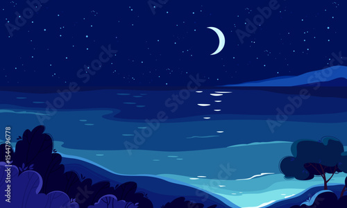 Vector night seascape. Sea with light waves on a moonlit starry night. Hand drawn illustration for travel websites and design. Moon reflected in the ocean. Landscape with trees