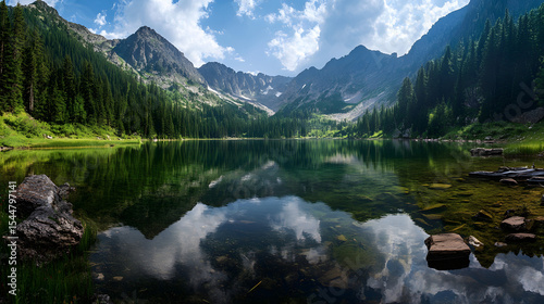 A secluded crystal-clear lake nestled between high peaks, surrounded by dense pine forests and wildflowers.