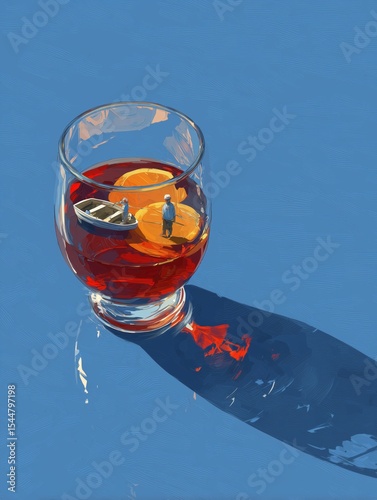 A surreal image featuring a glass filled with a deep red drink and orange slices, with tiny figures in a boat. The bright blue background enhances the whimsical concept.