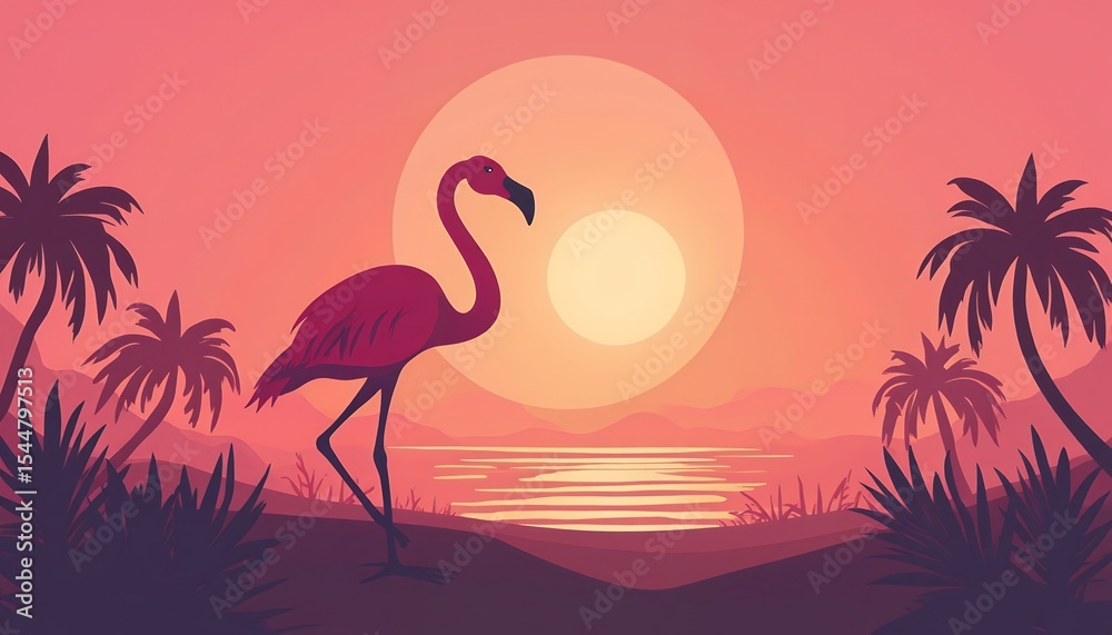 Naklejka premium Flamingo at Sunset Tropical Landscape Illustration