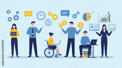 Diverse Business Professionals Managing Data, Finances, and Strategy in a Modern Inclusive Workplace, Symbolizing Growth, Teamwork, and Organizational Efficiency flat vector illustration