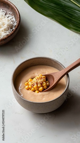 Delicious sweet corn pudding with coconut cream and sesame seeds in a beautifully styled bowl