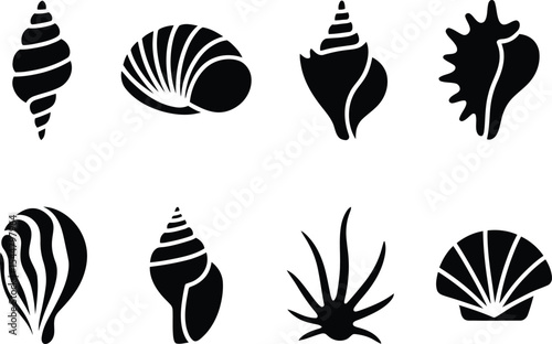 Collection of eight black seashells and starfish silhouettes