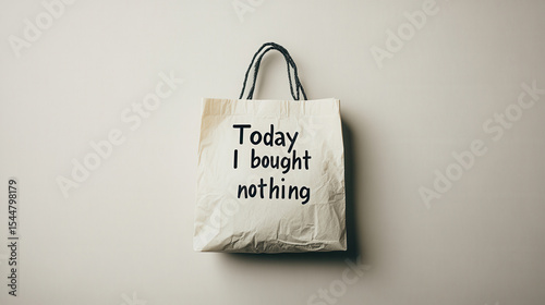 flat lay with a paper shopping bag puffed with air and labeled “Today I bought nothing”