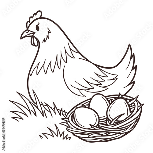 A vibrant cartoon hen with eggs and a chick, perfect for farm-themed animal illustrations or poultry designs