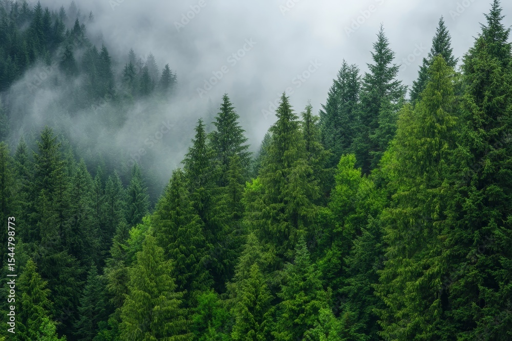 Obraz premium Fog envelops the forest, creating a misty scene visible from Larch Mount in Oregon's Pacific Northwest region of the USA