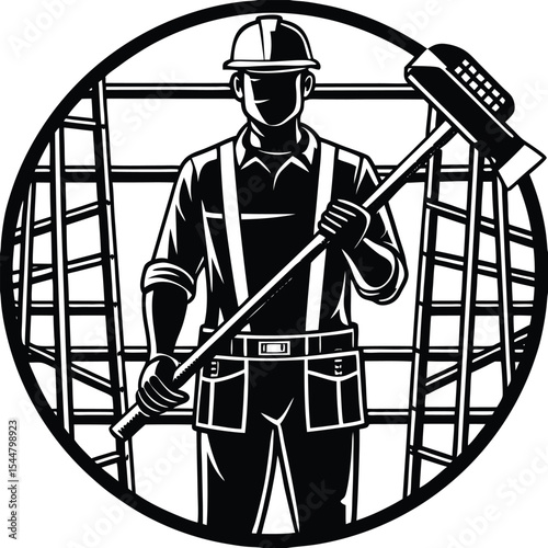 Cartoon illustration of a construction worker with a hammer and chisel, a woman with a sword, and people in silhouette hats