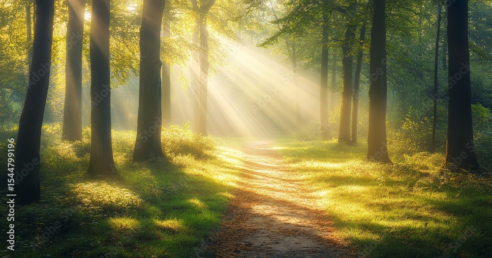 Obraz premium Golden light rays shine through tree canopies in a forest on a morning in Autumn with a path