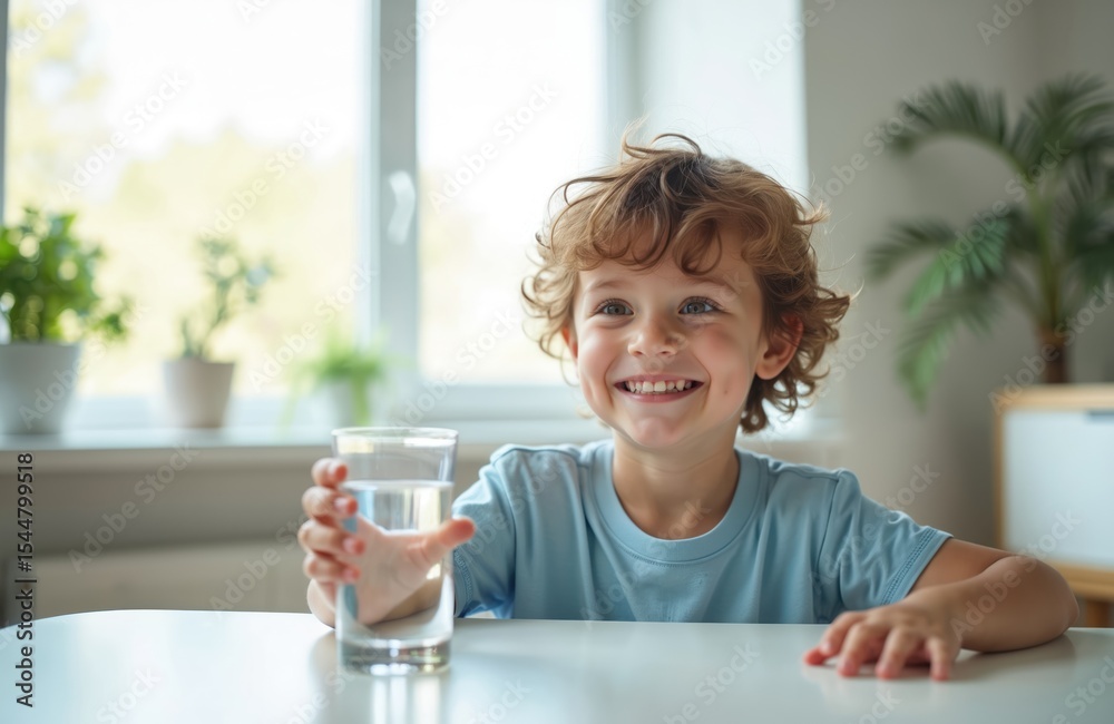 Smiling boy holds glass of fresh water at home. Hydration, healthy lifestyle, wellness, pure water, refreshment, thirst, healthcare. Child smiles happily. Smiling boy holds glass of fresh water at home. Hydration, healthy lifestyle, wellness, pure water, refreshment, thirst, healthcare. Child smiles happily.