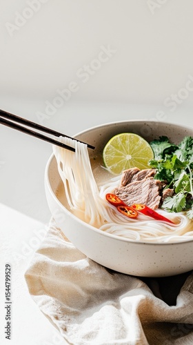 Steaming bowl of Vietnamese pho with fresh herbs and tender beef slices