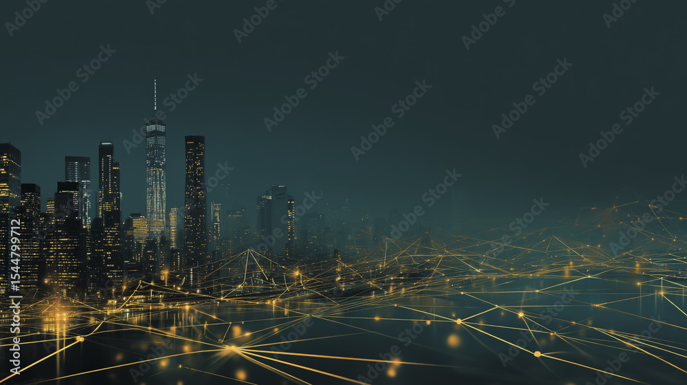 Fototapeta premium sunrise Aerial view of Smart digital Innovation city with connection network reciprocity over the cityscape. of future smart wireless digital city and social media networking systems that connects