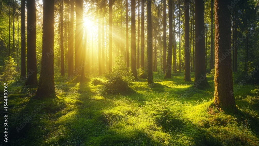 Fototapeta premium A forest of spruce trees basks in an mystical ambiance created by sunbeams shining through the fog
