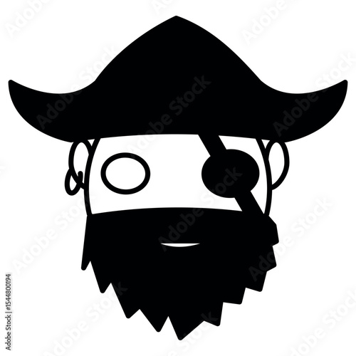 Black and white pirate head with headband, beard, earring and hat is a minimalist illustration perfect for nautical themes, logos or adventure graphics.