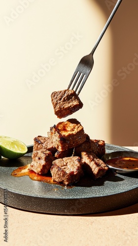 Juicy seared beef cubes with caramelized sauce on a dark slate plate