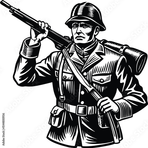 Vector illustration of a standing cartoon soldier with a sword and rifle