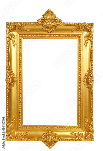 Empty ornate antique golden wood picture frame with a blank border perfect for art, photos, or decoration