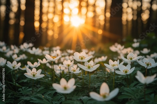The forest comes alive with blooming flowers set against a bright sunny background in spring