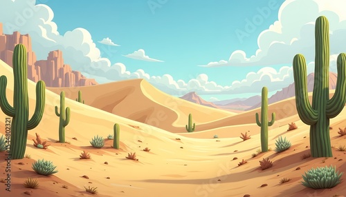 Cactus in Desert Landscape with Sand Dune and Blue Sky