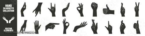 Hand Gestures Silhouette Collection. Various Poses, Pointing, Handshake, Female Hands in Minimal Vector Style, Icons and Logo Template on Transparent Background