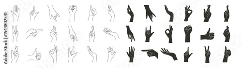 Hand Gestures Silhouette Collection. Various Poses, Pointing, Handshake, Female Hands in Minimal Vector Style, Icons and Logo Template on Transparent Background