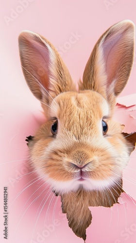 Adorable rabbit peeking through a pink background, showcasing its cute features and playful expression, perfect for pet lovers and animal enthusiasts, funny pet concept