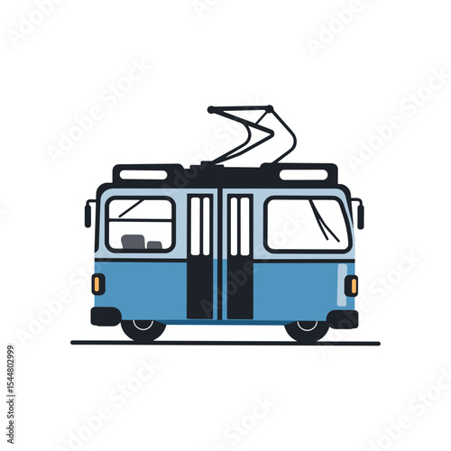 Blue tram icon in flat style with simple lines and design  