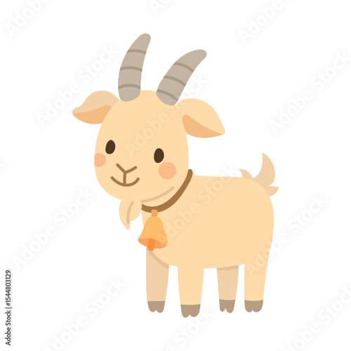 Charming beige goat with curved horns, tiny beard, and orange bell collar. Ideal for farm scenes and rustic animal artwork.