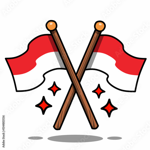 Two crossed Indonesian flags with sparkling stars. Ideal for use in Independence Day greetings, national celebration designs, banners, and patriotic event illustrations.