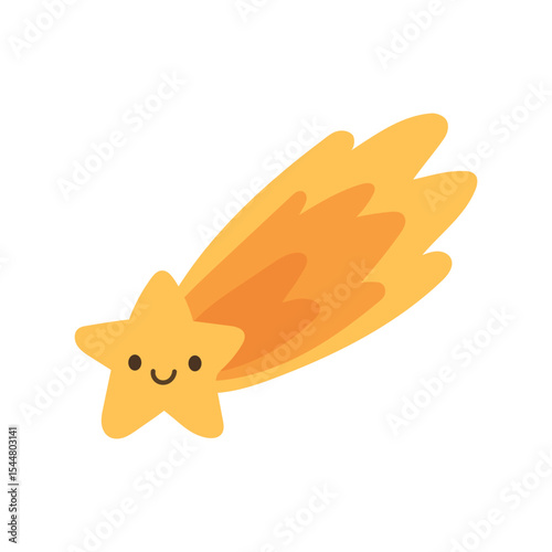 Smiling yellow shooting star with fiery orange trail and glowing design. Fun celestial element for night sky themes and kids’ illustrations.