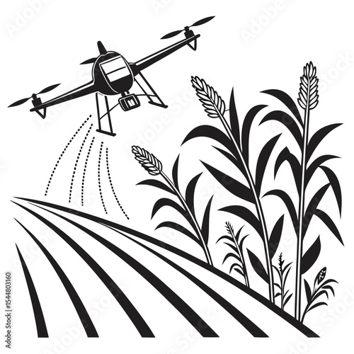 Agricultural Drone Spraying Crops Black Silhouette