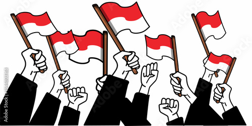 Hand-drawn black and white illustration of multiple raised hands holding Indonesian flags, symbolizing unity and patriotism. Perfect for Independence Day, banners, posters, and national pride themes.
