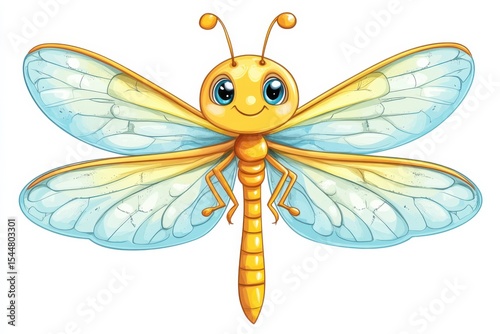 A cheerful cartoon dragonfly beaming joy with its translucent delicate wings png in white background. Generative Ai