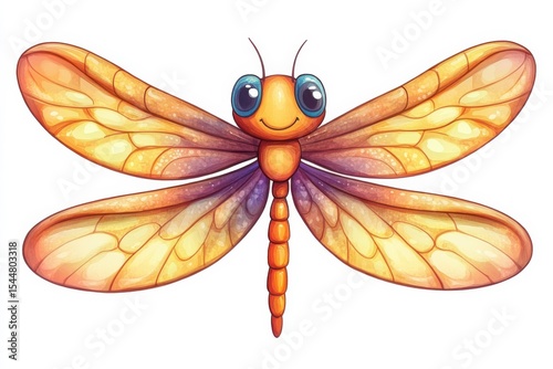 A cheerful cartoon dragonfly spreading joy with radiant wings against white in white background. Generative Ai