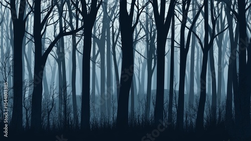 Fototapeta Naklejka Na Ścianę i Meble -  Modern illustration depicting a landscape with silhouettes of blue trees in a dark night forest