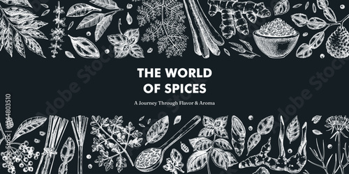 Kitchen spice and herbs background. Hand drawn basil, galangal, cumin, turmeric, lemongrass, lime sketches. Food design. NOT AI generated