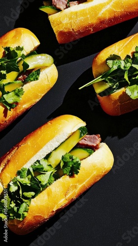 Close-up view of banh mi filled with roasted pork and fresh vegetables in a vibrant setting