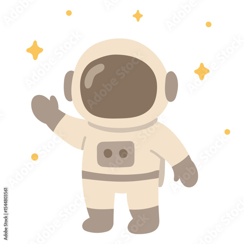Cute beige astronaut in a space suit waving among stars. Great for galaxy exploration artwork and child-friendly science designs.