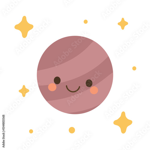 Smiling violet brown planet  with soft swirls and dotted space background. Perfect for solar system themes, cosmic art, and educational designs.