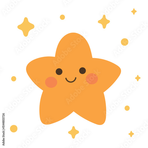 Happy cute orange star glowing among sparkles in a pastel sky. Ideal for bedtime graphics, astronomy projects, and children’s room prints.