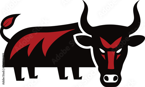 Symbolic illustration of an aggressive bull in red and black. Symbolizing strength, determination, and dynamism, ideal for sports, branding, or powerful visual communication.