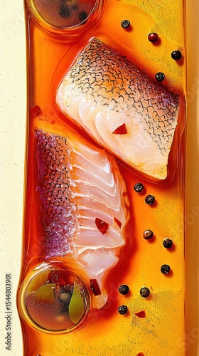 Ultra-realistic close-up of glazed catfish with spices in rustic ceramic dish