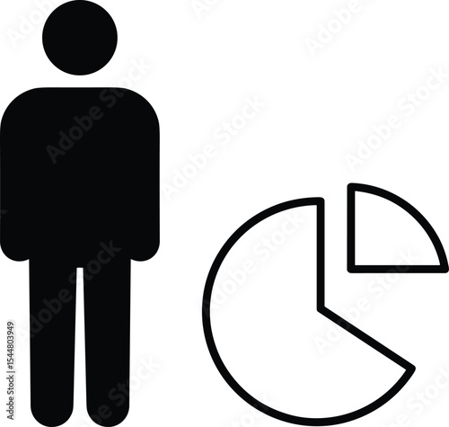 Human icon with pie chart, business data analysis symbol, demographic report graphic, vector infographic design, black and white flat data visualization concept
