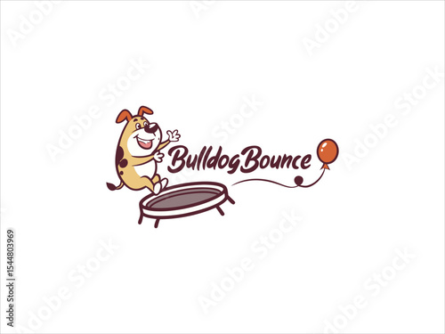 Bulldog Bounce Logo Tan Bulldog Cartoon Character Jumping on Trampoline Orange Balloon V E C T O R vector