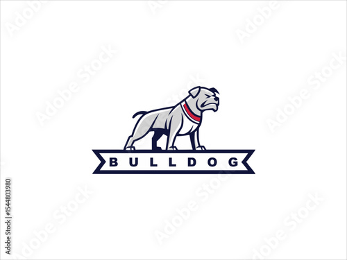 Gray Bulldog Breed Dog Vector Illustration Standing on a Dark Blue Banner with Bulldog Text light gray