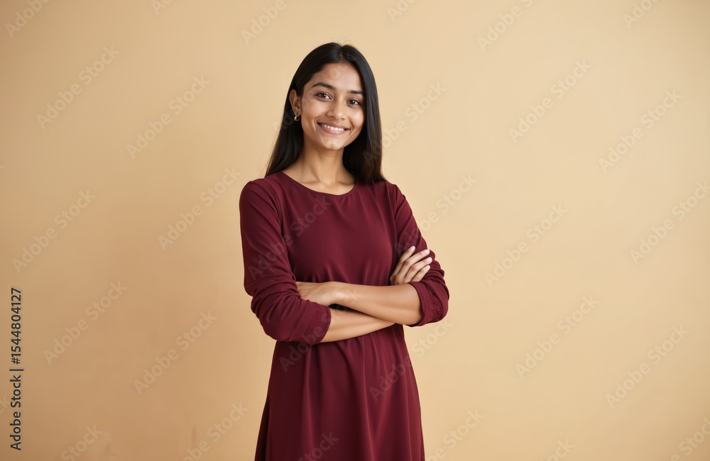 Obraz premium Happy young woman stands with arms crossed. Smiling brunette in casual clothes. Confident adult female with long black hair. Indian ethnicity lady with beautiful face expression. Studio portrait.