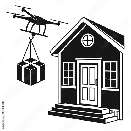 Drone Dropping Parcel At Doorstep Black Silhouette