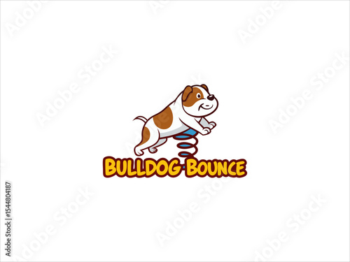 Bulldog Bounce Logo Vector Illustration Brown White Dog Jumping Spring Cartoon Mascot Design